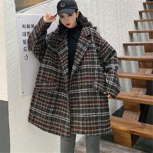 Mid-Length Large Size Plaid Woolen Jacket Female 2020 Winter Fashion New Thick Loose Long-Sleeved Woolen Jacket Tide H1023