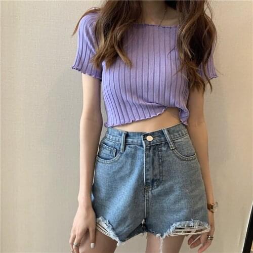 Women Summer Harajuku Plain T-shirts Square Neck Crop Tops Knitting T-shirts Striped Ruffle Hem Short Sleeve Crop Tees For Women