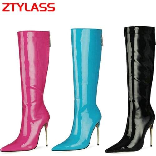 Sexy Metal Stiletto Women Knee High Boots Fashion Zipper Patent Leather Long Boots Lady Pointed Toe Autumn Winter Shoes Big Size
