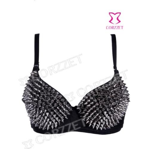 Womens Sexy Rock Punk Gothic Party Stage Club Wearing All-over Grey Spike Stud Rivet Club Push Up Underwire Bra Top Sexy Bralet