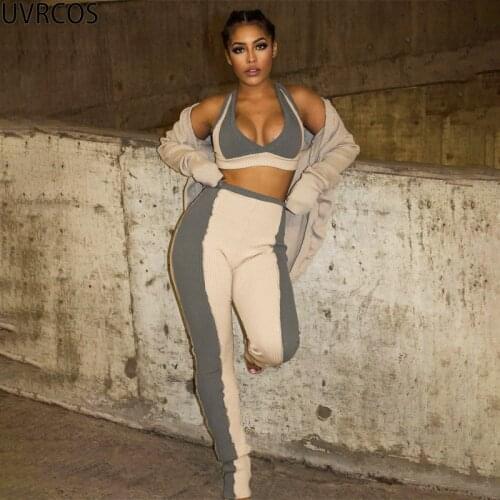 UVRCOS Two Piece Outfits For Women Panelled Sleeveless Crop Tops And Leggings Pencil Pants Summer 2021 Workout Tracksuit Womens