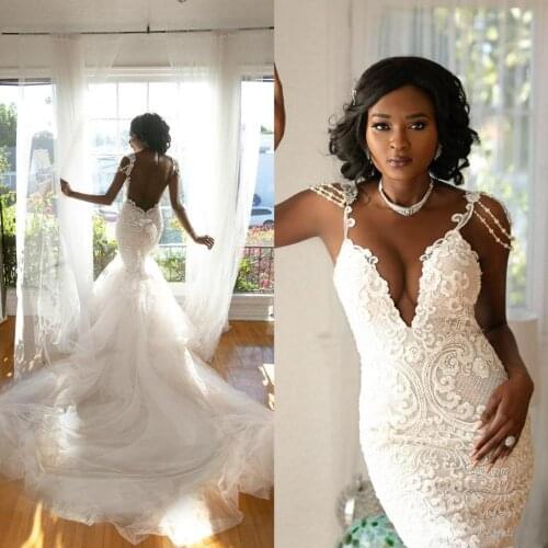 New Mermaid Trumpet Wedding Dresses Sexy Deep V-Neck Lace Sweep Train Custom Made Bridal Gown Dresses