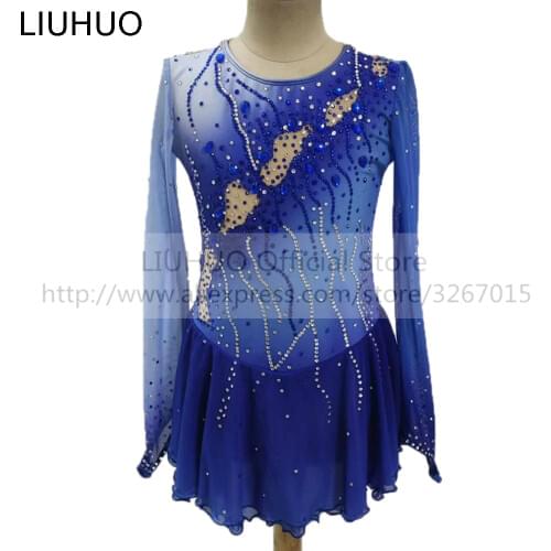 LIUHUO Womens Girls' Adult Kid Performance Ballet Rhythmic Gymnastics Competition Leotard Ice Figure Skating Dress Dance Blue