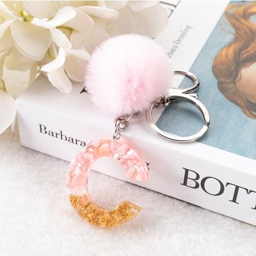 1PC English Letter Keyring Pink Stone Gold Leaf Resin Keychain with Puffer Ball Words Handbag Charms for Woman