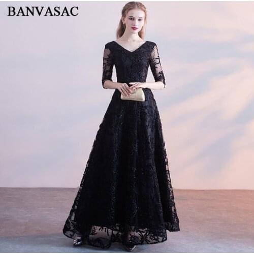 BANVASAC 2018 V Neck Lace Appliques Illusion Half Sleeve A Line Long Evening Dresses Party Sash Backless Prom Gowns