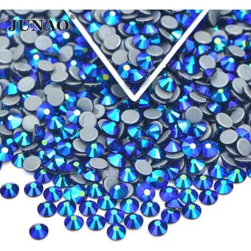 JUNAO SS6 8 10 12 16 20 30 Black AB Glass Crystal Hot Fix Rhinestones Iron On Strass Stones Round Crystal Appliques For Garment