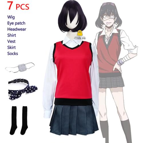 Anime Kakegurui Midari Ikishima Cosplay Costume Wig Eye Patch School Girl Uniform Shirt Vest Skirt Set Christmas Party Girl Suit