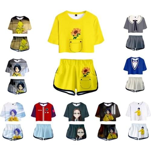 Anime WONDER EGG PRIORITY Cosplay Costume Ladies Short Suit T-shirt Fashion Trend Loose Casual Printing Clothes Summer Students