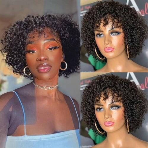 Kinky Curly Full Machine Made Human Hair Wigs For Black Women Natural Color 180% Density Thick Hair Afro Curly Wigs With Bangs