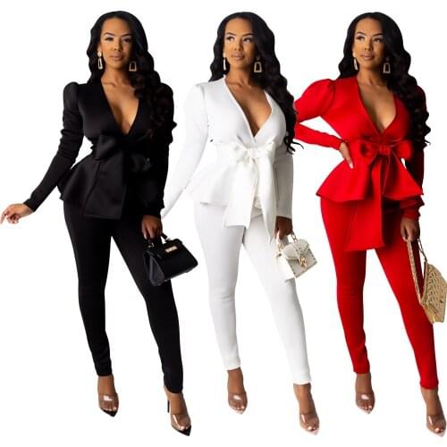 Hot Selling European and American Womens Sexy Fashion Solid Color Bow Tie Deep V Neck Long Sleeve Suit