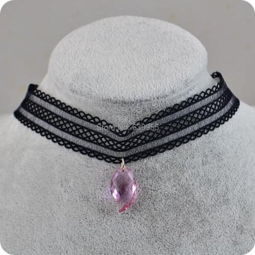Trendy HOT Elegant Lace Choker Necklace Pink Water Drop resin Crystal pendant necklace Women Girls Fashion Jewelry