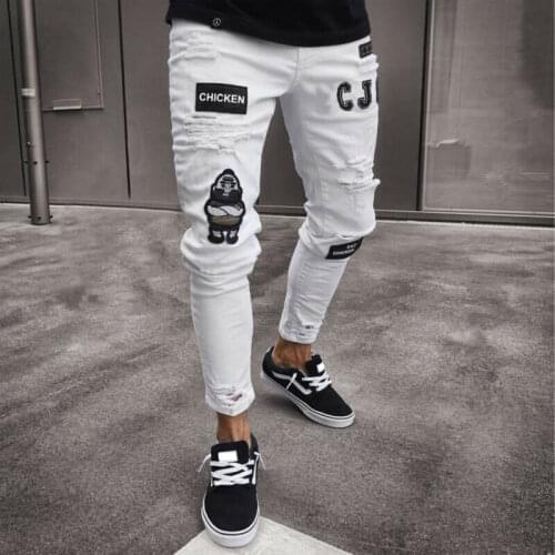 Fashion Men Ripped Biker Skinny Jeans Frayed Destroyed Trousers Casual Denim Pants S-3XL Mens Streetwear Cotton Joggers Jeans