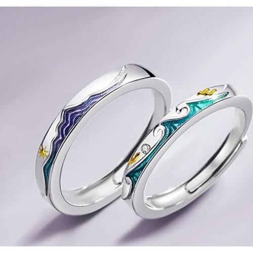 Fashionable Couple Plated Ink Drop Glue Mountain Sea Personality Adjustable Rings Love Anniversary Gift