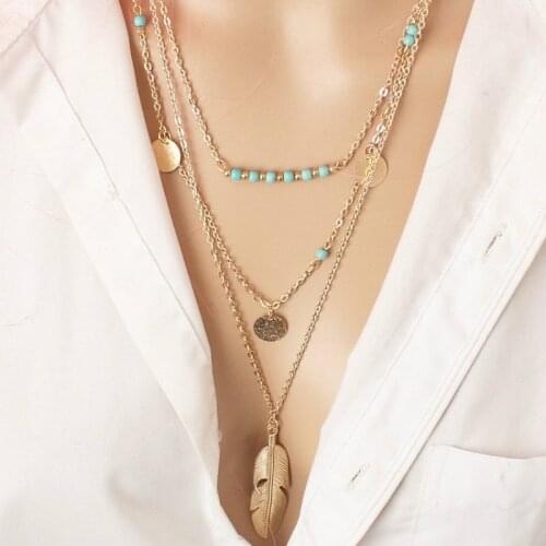 Turquoi Bead Necklace Chocker Coin Feather Necklace Women Accessories Jewlery 2016 Gold Chain Multi Layer Necklace Jewellery