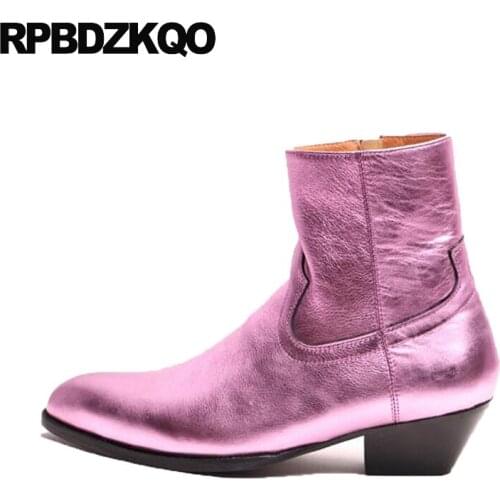 Pointed toe plus size genuine leather full grain boots big fall high heel ankle runway shoes men zipper autumn chunky designer