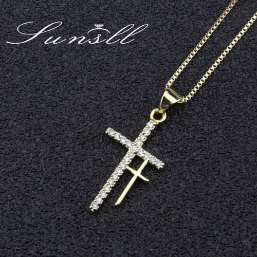 SUNSLL Fashion gold copper necklace cubic Zirconia cross necklace for women pendant party jewelry religion necklace gifts