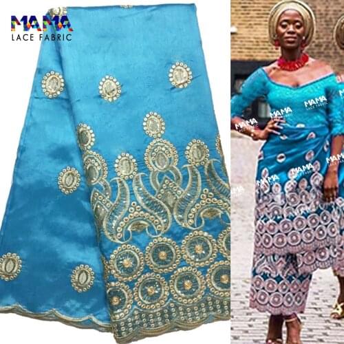 Sky Blue 2021 High Quality African Raw Silk George Wrappers With Net Lace Embroider Nigerian Wedding Bride Dress Material