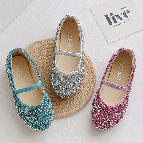 Spring Summer Girls Shoes Bling Princess Shoes For Big Girl Silver Wedding Shoes Elastic Mary Janes Kids Flats Child Shoes K213