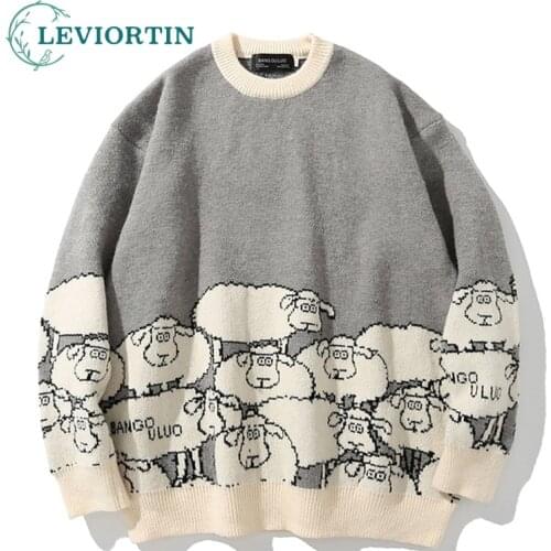 Bran Street Soft Pullover Sweater Men Women Cartoon Sheep Hip Hop Sweater Japanese Vintage Spring Autumn Harajuku Jacquard Tops
