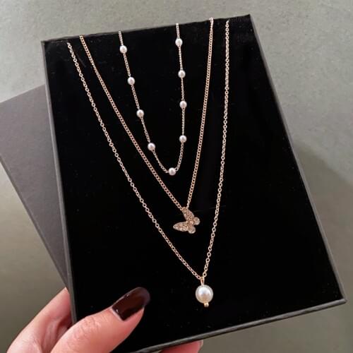 VKME Vintage Multilayer Pearl Butterfly Necklace For Women Fashion Crystal Butterfly Pendant Choker Necklaces Trendy Jewelry