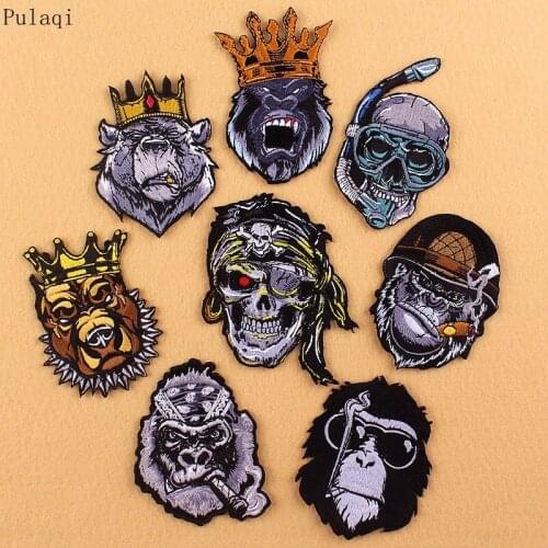 Pulaqi Rock Ape Victory Cigar Wild Embroidered Patch For Clothing Stripe Punk Skull King Patch For Jeans Backpack Applique Badge