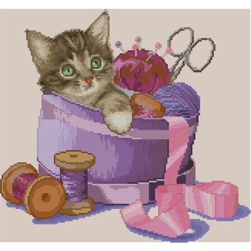 Manufacturer Embroidery A kitten in a Sewing Box Cross Stitch Pattern Easy with 100% Cotton Floss & Free Shipping for Wall Decor