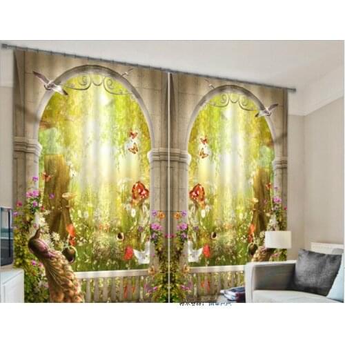 Yellow balcony Bedroom 3D Window Curtain Luxury living room decorate Peacock pattern printing Cortina Drapes Rideaux pillowcase
