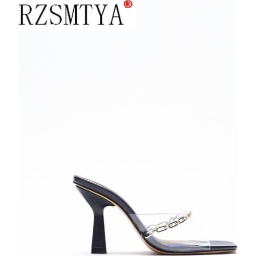 Womens shoes 2021 summer one-word chain transparent high-heeled shoes black square toe peep-toe thin heel sandals outside wear