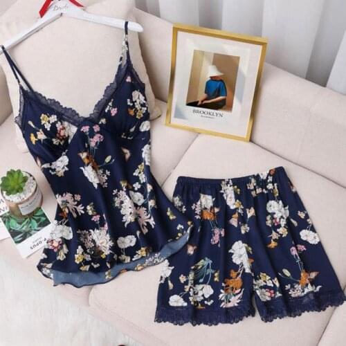 Femme Satin Pajamas Set Flower Print Strap Top&Shorts Women Lace Trim Sleep Set Summer Sleeveless Pijamas Suit With Bras