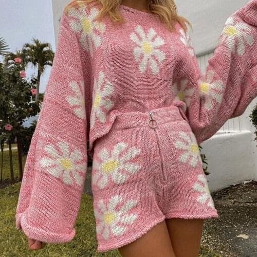 Womens Two Piece Knitted Fall Outfits Floral Printed Long Sleeve Loose Sweater Top and Zipper Biker Shorts Matching Lounge Suit