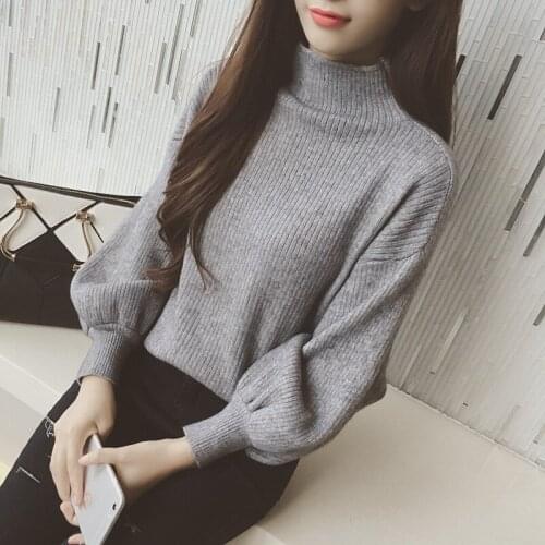G1381 2020 spring autumn new women fashion lantern sleeve short section loose knitted half turtleneck sweater cheap wholesale