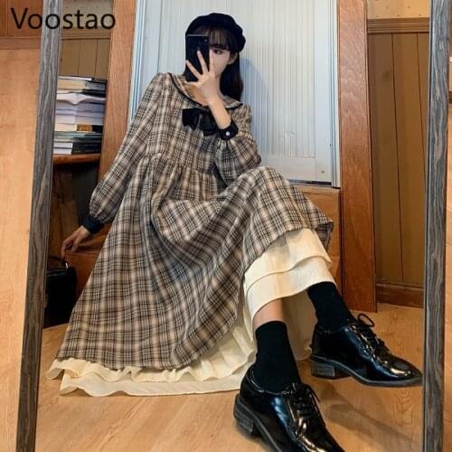 Japanese Gothic Lolita Dress Girly Plaid Vintage Victorian Long Sleeve Bow Ruffles Princess Dress Women Sweet Tea Party Dresses