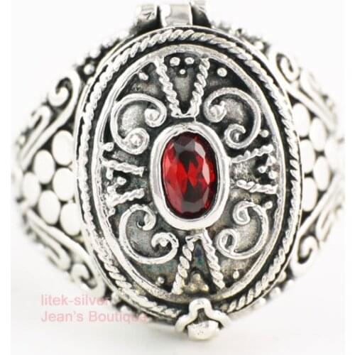 925 Sterling Silver Vintage Style Red Crystal Locket Carving Ring Men Women A3695