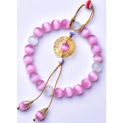 Qing Dynasty Same Style Bracelet of Queen pink Cats eye Crystal Beads Prayer Womens Accessories healing
