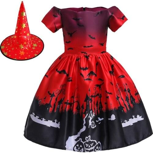Red Summer Dress with Hat Halloween Vampire Costume Pumpkin Witch Vestido Children Party Cosplay Christmas Princess Girl Clothes