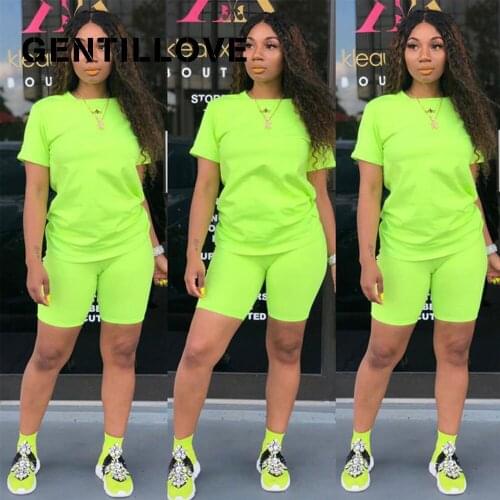 Gentillove Summer Gym Clothing Fitness Tracksuits Women Casual Solid T Shirt Shorts Two Piece Suits Work Out Sport Sets 2021