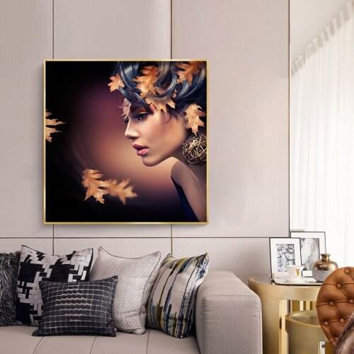 Abstract Fashion Women Hair With Leaves Painting On Canvas Wall Art Picture Prints And Posters For Living Room Home Decoration