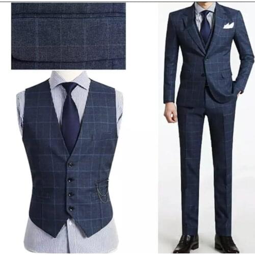 Jacket+Vest+Pants) 2018 High quality Men Suits Fashion grid stripe Mens Slim Fit business wedding Suit men Wedding suit