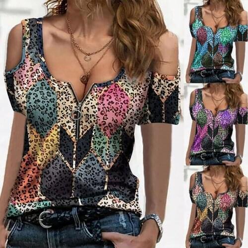 Summer New Style Printed Off-shoulder Zipper T Shirt Ladies Casual Loose Top Fashion Sexy Plus Size Clothing