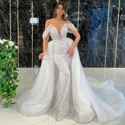 Lowime Beads Ivory Long Dubai Evening Dresses With Detachable Skirt 2021 Mermaid Middle East Women Party Gowns Robes Prom Dress