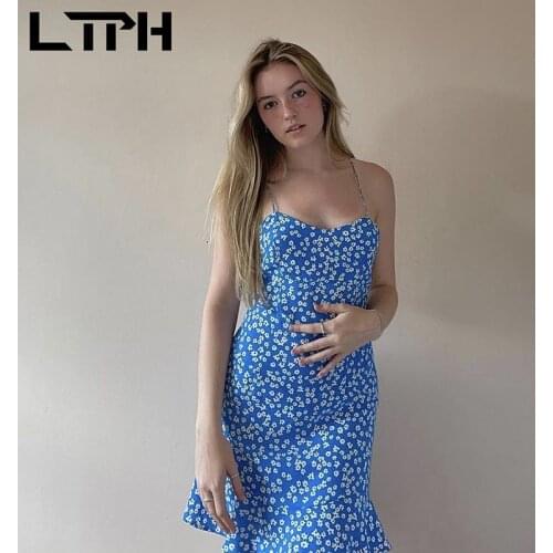 LTPH vintage floral dress women elegant French sleeveless camisole sexy slim short ruffles A-line dresses 2021 summer new