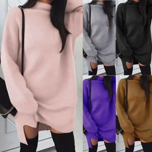 Hirigin Fashion Women Knitwear Winter Warm lady Pullover Mini Dresses High Collar Plain Batwing Sleeve Sweaters Dress