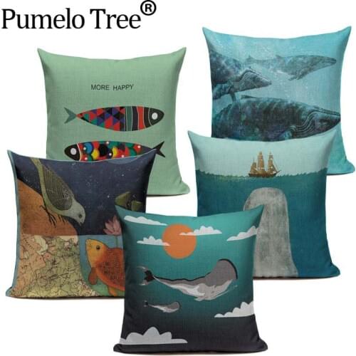 Fashion Nordic Style Blue Fish Marine Biology Cushion Cover Sea Whale Home Pillow Case Linen Custom High Quality Pillows Covers