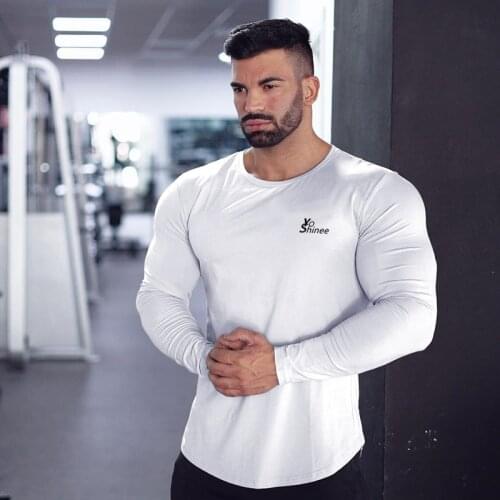 Men Cotton Tshirt Long Sleeve Solid Colors Shirt Bodybuilding Curved Hem Workout Fitness Muscl T-shirt Mens Clothing