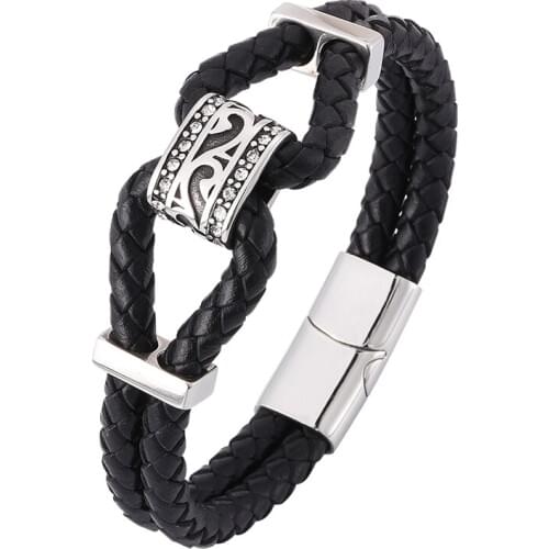 Newest Punk Men Jewelry Double Black Genuine Leather Braided Bracelet Male S.Steel Magnetic Clasp Trendy Leather Bangle SP0370