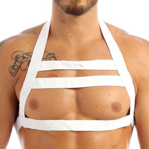 MSemis Harness Men Bondage Lingerie Nylon Halter Backless Body Chest Harness Bondage Costume Hollow Out Straps Gay Men Harness