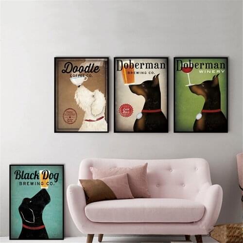 Wall Art Retro Black Dog Shepherd Doberman Drink Dog Canvas Pictures for Living Room Vintage Poster Animals Cuadros Decoracion