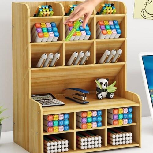 Pen Holder Wooden Desktop Pencil Organizer Office Stationary Storage Box School Desk Stand Case Makeup Rangement Home Organiser
