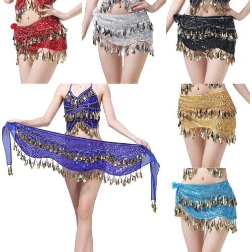 Women Sequins Belly Dance Hip Scarf Tassel Coins Chiffon Wrap Dance Costumes