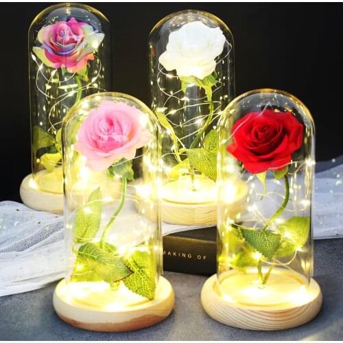 Mothers Day Gift Beauty And Beast Rose In Glass Dome Artificial Flowers Rose LED Light Wedding Decoration For Valentines Gift